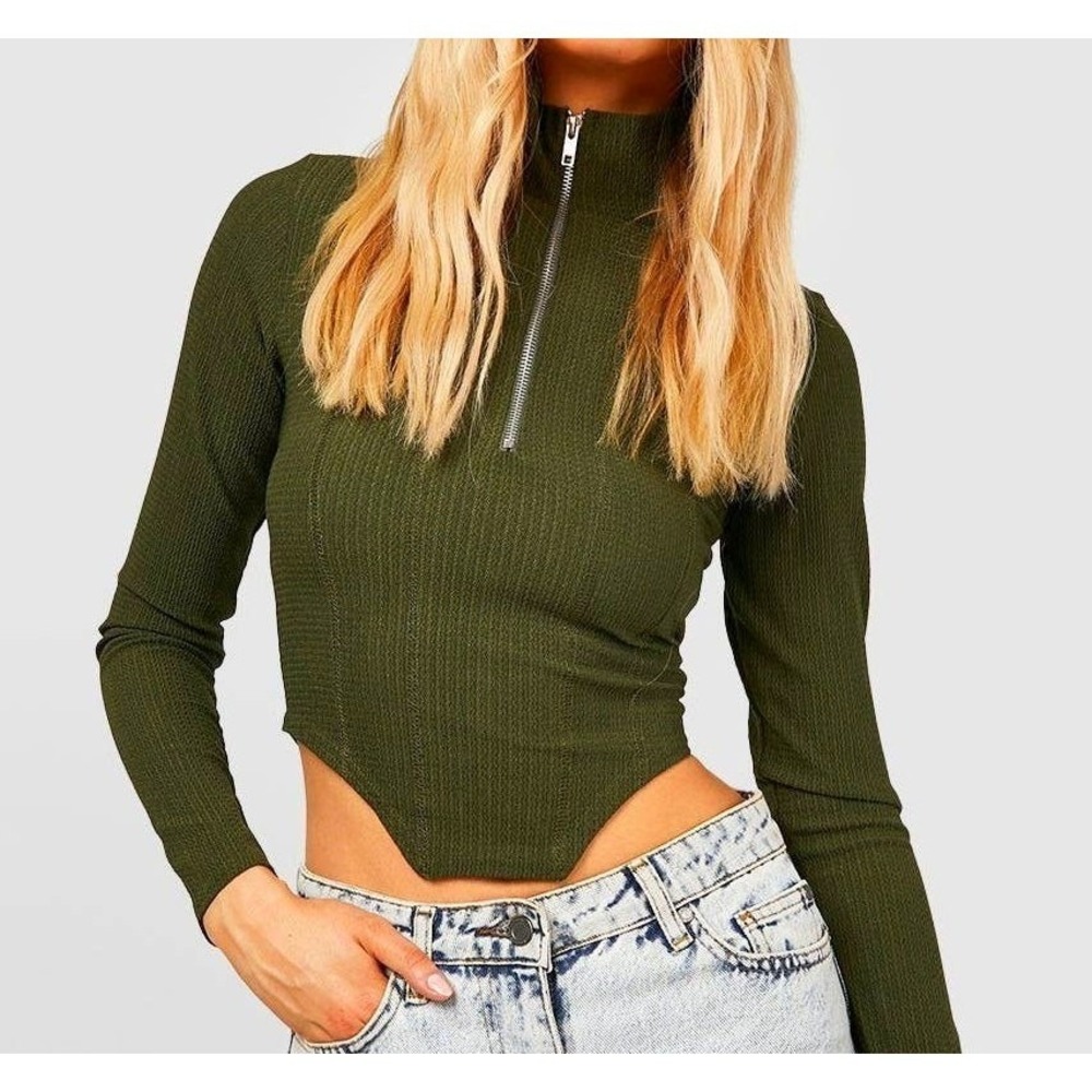 New Large Army Olive Textured Ribbed Half Zip Corset Detail Long Sleeve Top